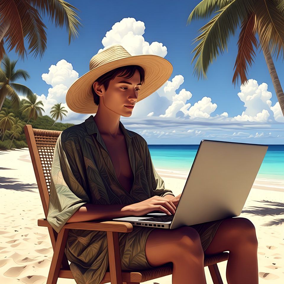 Digital nomad working remotely from a beach location with laptop and tropical scenery